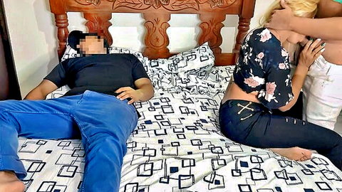 Blonde grabs friend's neck as boyfriend lies ready for NTR ass-touching massage