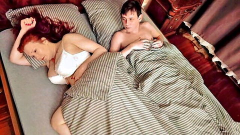 Indigo Sin in bed with stepson, big natural tits in white bra, taboo homemade