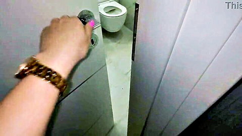 Hand sneaking open bathroom door revealing toilet while hubby showers in cuckold bull scene