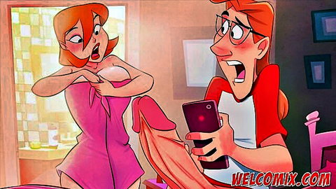 Animated redhead in pink dress flashing thigh to shocked guy with phone