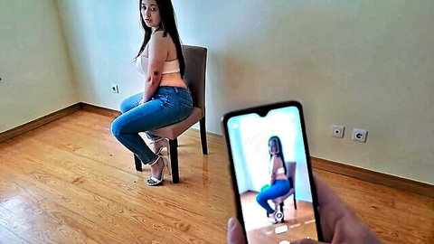 Miss Squirting teases in tight jeans and bralette stepmom outfit, curvy Latina beauty