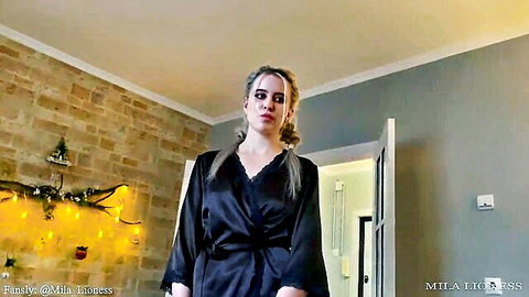 Mila Lioness blonde MILF in open black satin robe teasing cleavage