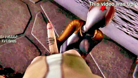 3D animated robot girl in orange sci-fi suit near erect penis, POV view