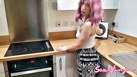 Pink-haired step-mom teases in white tank top and skirt before hardcore pounding