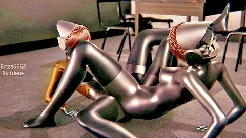 Atomic Heart twins in shiny latex bodysuits tribbing wildly in 3D animation