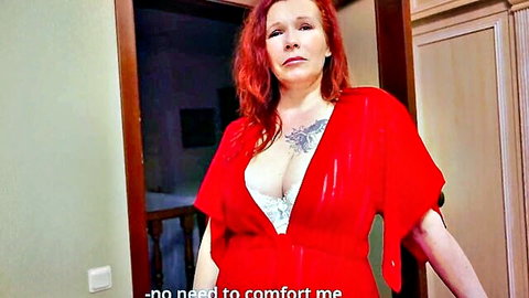 Indigo Sin as curvy redhead stepmom in revealing red dress