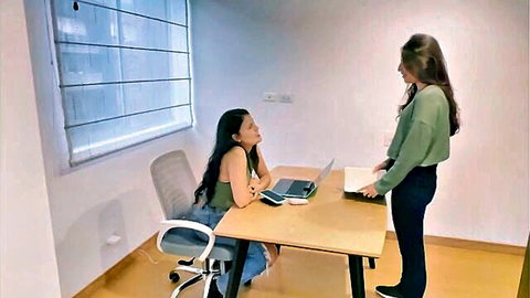 Indian wife flirts with lesbian secretary in office attire, teasing lesbian encounter
