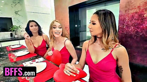 Kallie Taylor, Kimora Quin & Kiana Kumani in sexy red dresses for Valentine's threesome