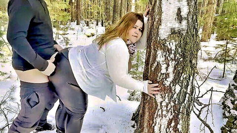 Curvy blonde big ass in torn leather leggings fucked doggy style outdoors in snow