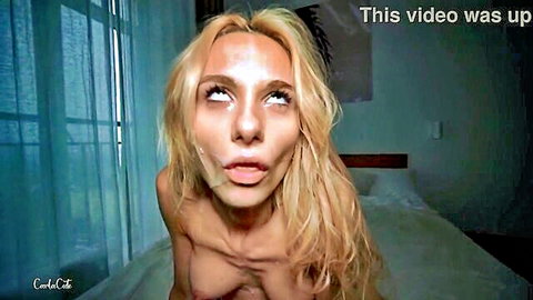 Carla Cute blonde with wide eyes and tongue out in nude punishment scene