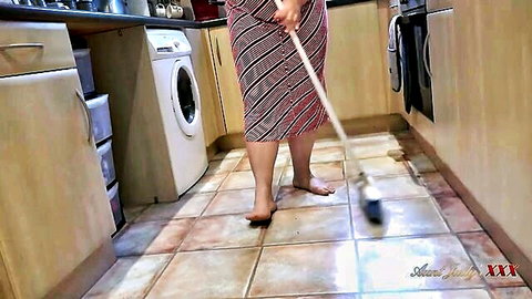 Aunt Judys BBW Stepmom mopping kitchen floor in dress, barefoot tease for POV blowjob