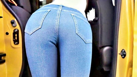 Tsubaki Kato's curvy ass in tight jeans from behind by yellow car