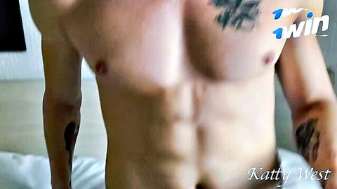 Katty West rough threesome with muscular tattooed stud huge cock