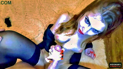 Redhead step-sister in black stockings teases with dildo, topless on fur