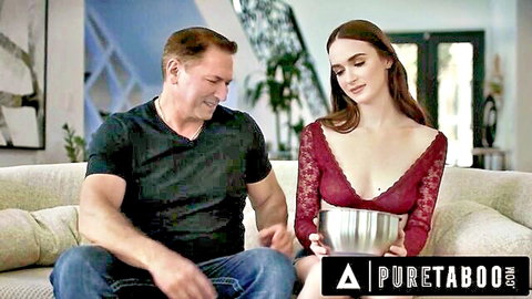 Hazel Moore in red lace lingerie nervously with stepdaddy on couch, Pure Taboo