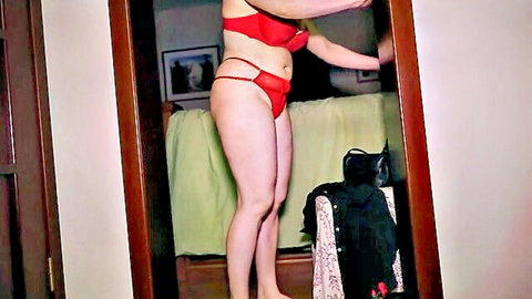 Indigo Sin in red lingerie, curvy stepmom teasing sideways