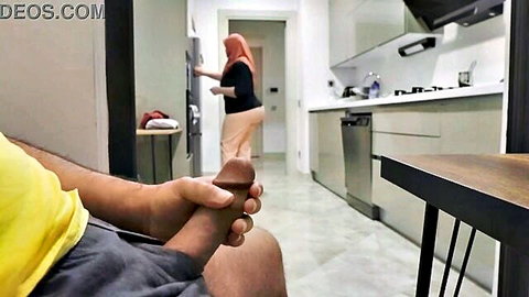 Arab stepmom in hijab catches stepson jerking off in kitchen