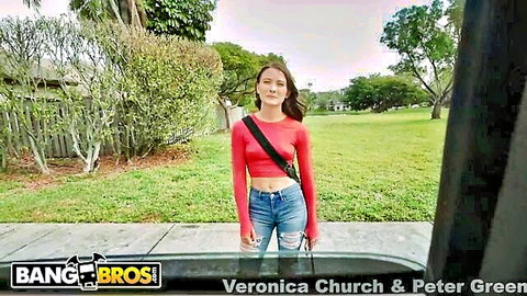 Veronica Church in red crop top and jeans outdoors with Peter Green, BangBros teaser