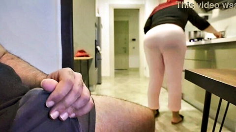 Man caught jerking off watching huge ass hijab maid bending over in tight pants