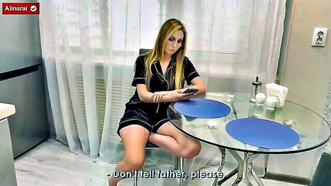 Blonde MILF stepmom in silk pajamas pleads 'Don't tell father' after catching stepson