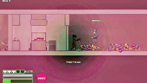 Pixel game scene: character drops gun amid pile of purple furry animatronics
