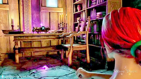 TheRopeDude redhead in fantasy solo scene, gazing at glowing purple orb