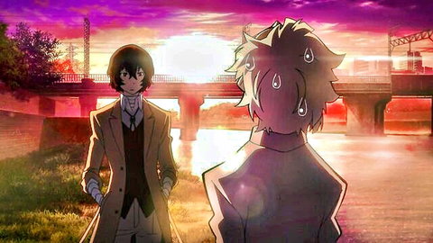 Anime boys Dazai and Atsushi on sunset bridge, innocent scene