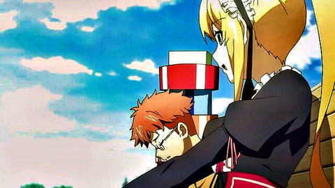 Blonde anime girl in maid dress cuddles red-haired boy on lap