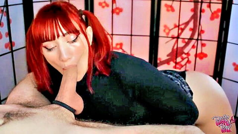 Redhead in black lingerie giving sloppy deepthroat blowjob