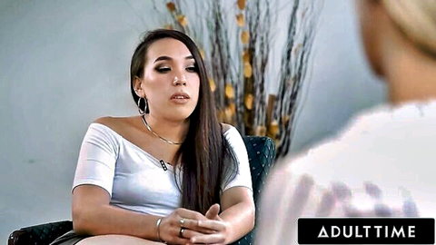 Kasey Kei seduces reporter Aiden Ashley in steamy trans lesbian interview