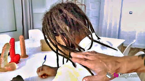 Tiny babe in amateur sex lesson sucking big cock with dreadlocked guy