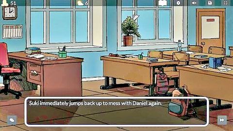 Animated Suki jumps up to tease Daniel in university classroom brothel scene