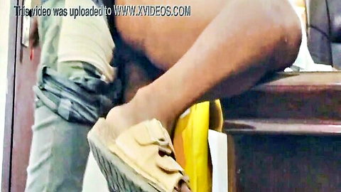 Biology teacher legs spread on desk, pants down during office fuck