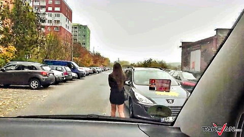Young brunette in short black dress bending by van for outdoor surprise creampie