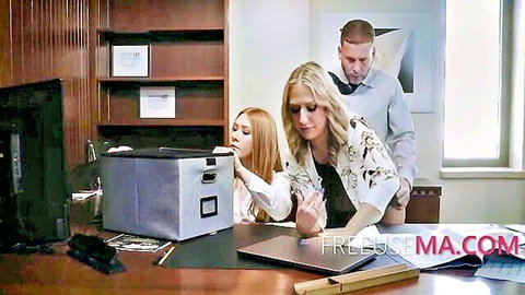 Blonde and brunette MILFs in office freeuse with suited man