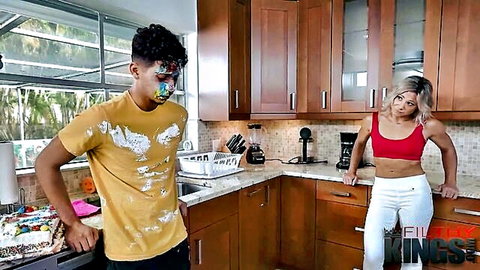 Hot blonde MILF in red top teases stepson Diego Perez in kitchen Labor Day scene