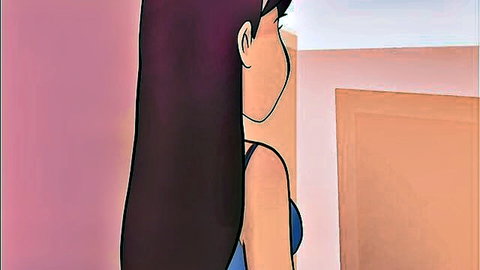Anime girl with long purple hair in blue top, teasing from behind in naughty home