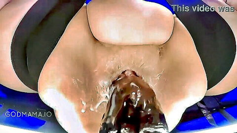 Godmama's gushy wet ebony pussy with creamy dildo insertion closeup