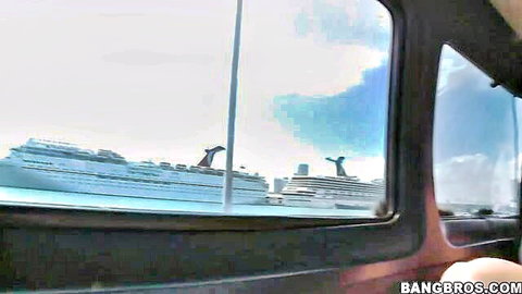 Shy nerdy girl sucks him off in Bang Bus overlooking cruise ships