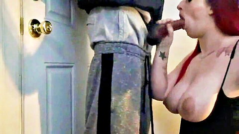 Redhead with big tits gives doorstep blowjob to nervous pizza guy