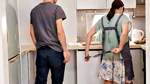 Yu Kawakami in apron cooking with young man in kitchen, JAV milf tease