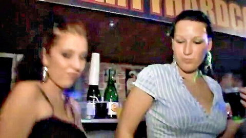 Two curvy Caucasian women partying at bar in Party Hardcore 56 amateur club scene
