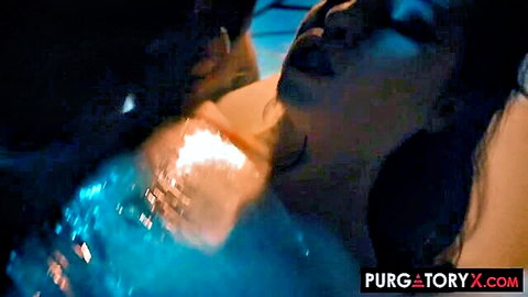Eden Ivy petite brunette in wet threesome with two tattooed men