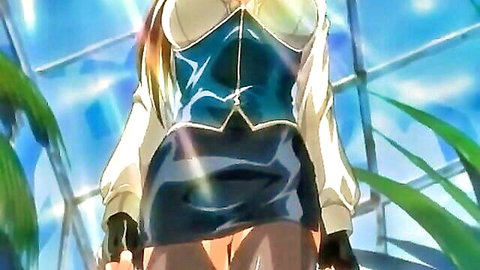 Hentai babe in shiny blue vest with deep cleavage and micro skirt teasing thighs