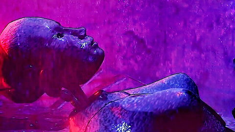 Purple neon-lit anime mannequin woman with arched neck in intense bondage tease