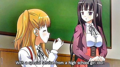 Anime high school girls in uniforms offering special idol service