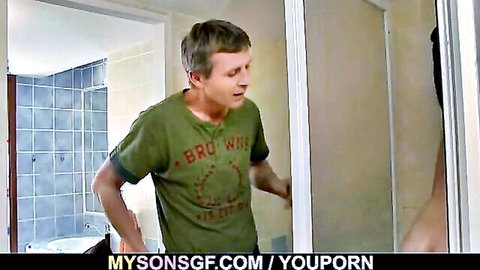 DILF in green Brownies t-shirt posing in bathroom mirror for son's girlfriend cheating threesome
