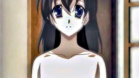 Anime girl with long black hair, blue eyes, in sheer white top, surprised look