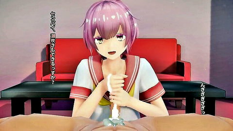 Pink-haired hentai schoolgirl in sailor uniform fucks wet pussy with crystal dildo, ahegao orgasm face