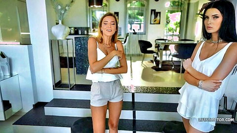 Blonde and brunette skinny teens in skimpy white outfits teasing on luxury stairs